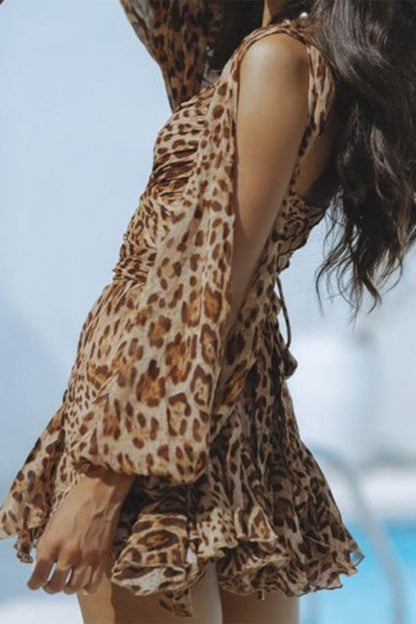 Sexy College Animal Print Print Bandage Backless V Neck A Line Dresses