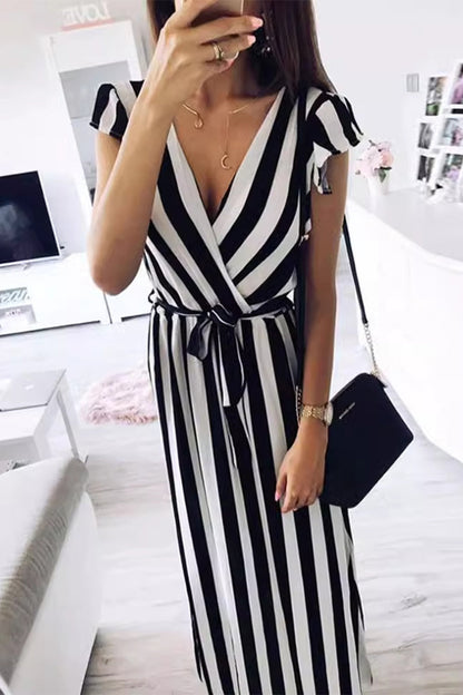 Elegant Striped Bandage V Neck A Line Short Sleeve Dress