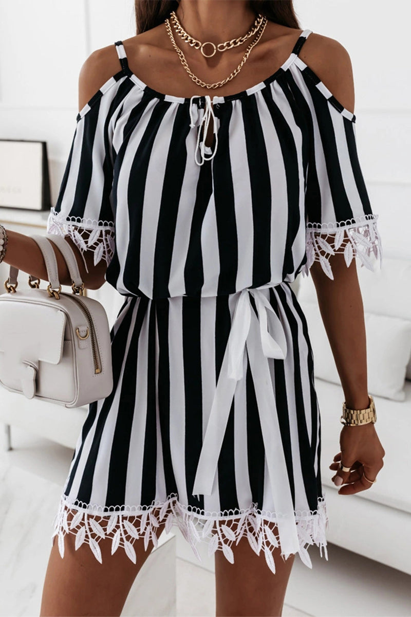 Elegant Striped Print Bandage O Neck A Line Short Sleeve Dress