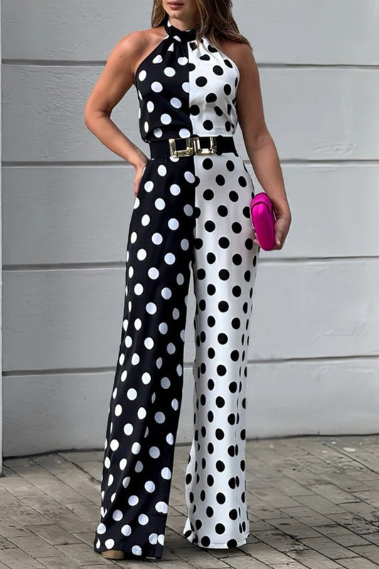 Sexy Print Polka Dot Pocket Contrast Halter Loose Jumpsuits