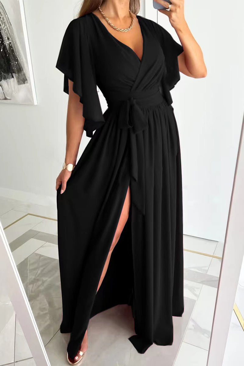 Elegant Solid Frenulum Flounce V Neck A Line Dresses