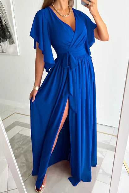 Elegant Solid Frenulum Flounce V Neck A Line Dresses