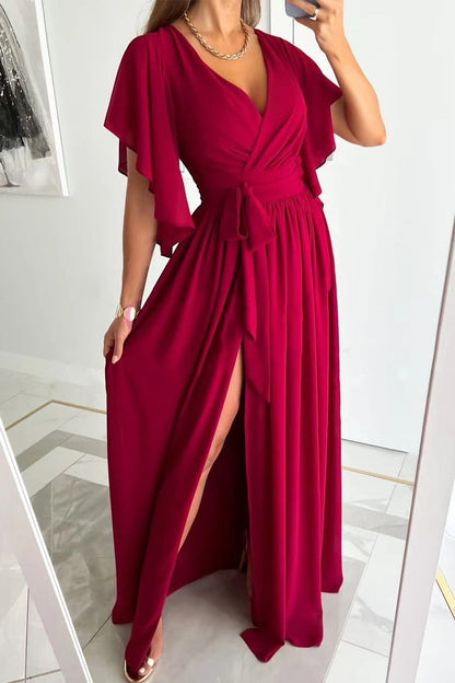 Elegant Solid Frenulum Flounce V Neck A Line Dresses