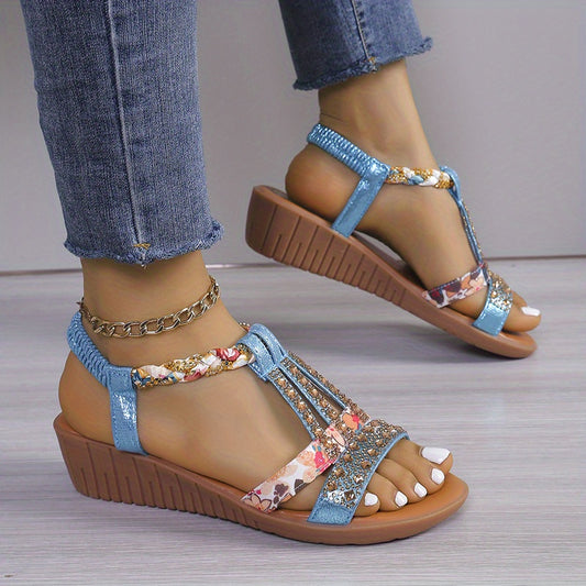 Mid Heel Womens Boho Wedge Sandals - Soft Rhinestone Embellished Fabric Upper, Elastic Slip-on Design, Comfortable Microfiber Synthetic Leather Insole, Rubber Sole, Open Toe - Perfect for Elegant Vacation and Outdoor Walking