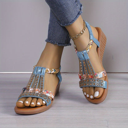 Mid Heel Womens Boho Wedge Sandals - Soft Rhinestone Embellished Fabric Upper, Elastic Slip-on Design, Comfortable Microfiber Synthetic Leather Insole, Rubber Sole, Open Toe - Perfect for Elegant Vacation and Outdoor Walking