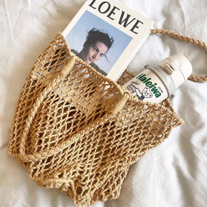 Luxurious Summer Tote Bag for Women - Large Capacity Cotton Rope Woven Shoulder Bag - Hollow Out No-Closure Handbag with Beachy Vibe and Stylish Design