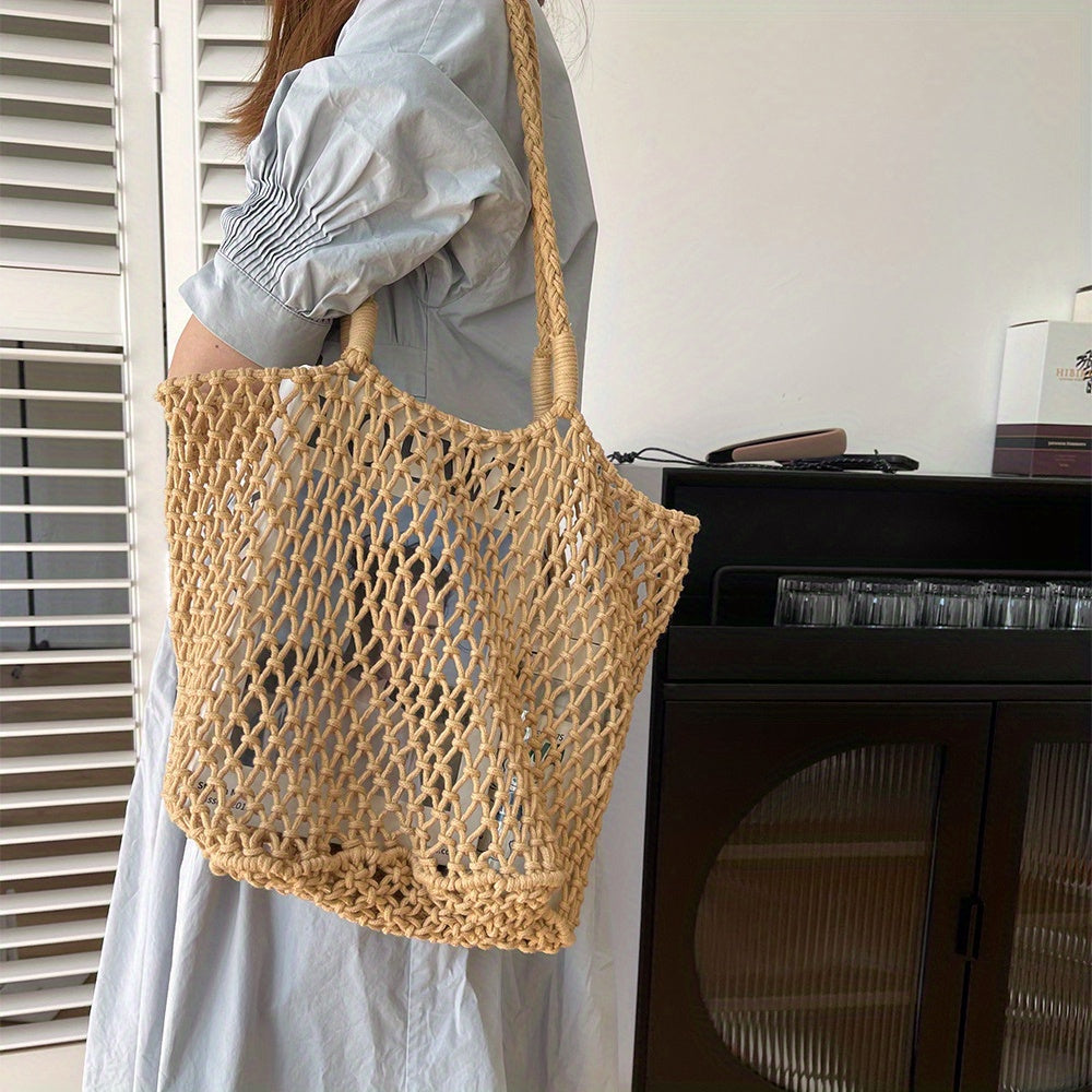 Luxurious Summer Tote Bag for Women - Large Capacity Cotton Rope Woven Shoulder Bag - Hollow Out No-Closure Handbag with Beachy Vibe and Stylish Design