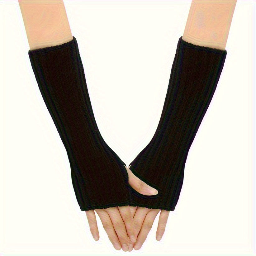 Autumn Winter Woolen Long Gloves: Solid Color, Vertical Striped, Stretch Knitted Sleeves with Thumb Hole, Half Finger Exposed, Warm Arm Sleeve Gloves - Ladies Fashion, Elastic, Relaxed Wear