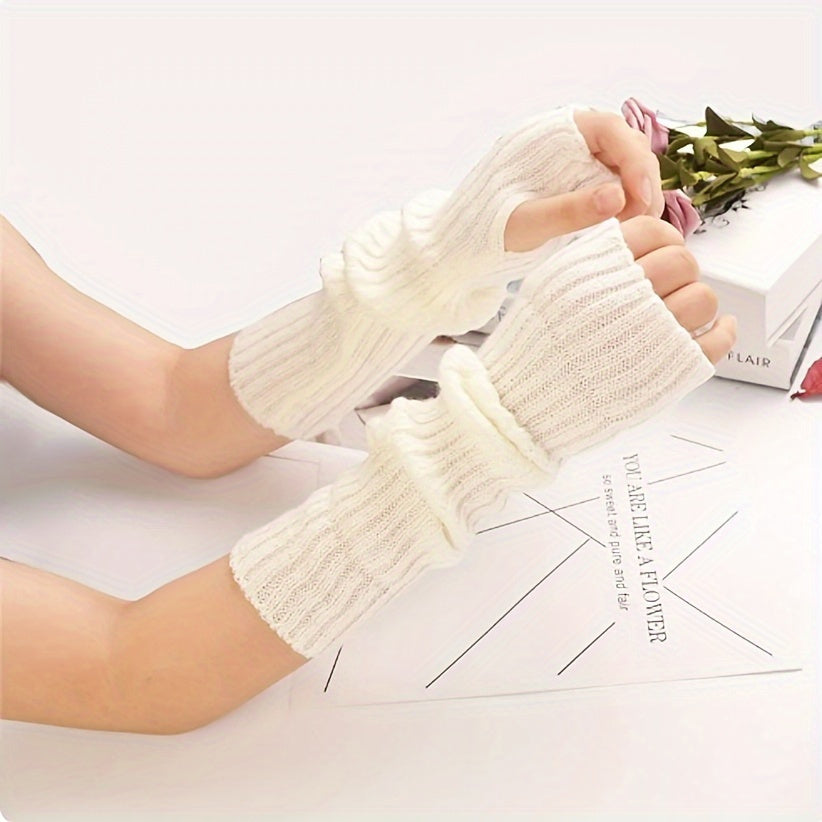 Autumn Winter Woolen Long Gloves: Solid Color, Vertical Striped, Stretch Knitted Sleeves with Thumb Hole, Half Finger Exposed, Warm Arm Sleeve Gloves - Ladies Fashion, Elastic, Relaxed Wear