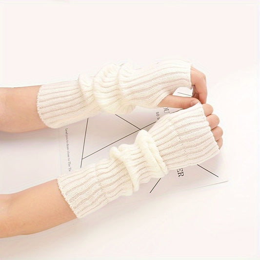 Autumn Winter Woolen Long Gloves: Solid Color, Vertical Striped, Stretch Knitted Sleeves with Thumb Hole, Half Finger Exposed, Warm Arm Sleeve Gloves - Ladies Fashion, Elastic, Relaxed Wear