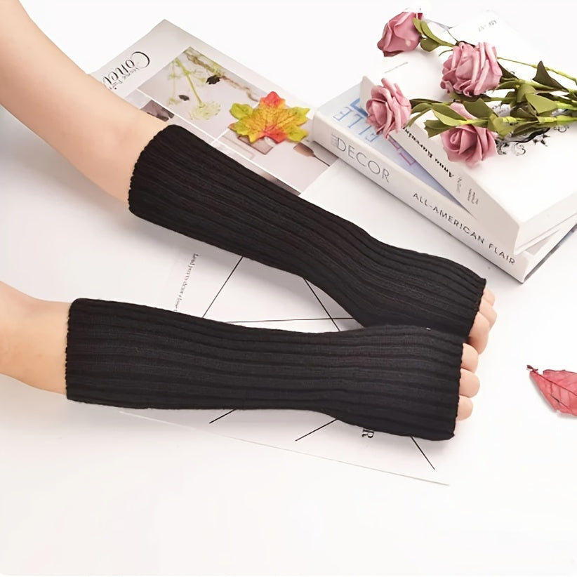 Autumn Winter Woolen Long Gloves: Solid Color, Vertical Striped, Stretch Knitted Sleeves with Thumb Hole, Half Finger Exposed, Warm Arm Sleeve Gloves - Ladies Fashion, Elastic, Relaxed Wear