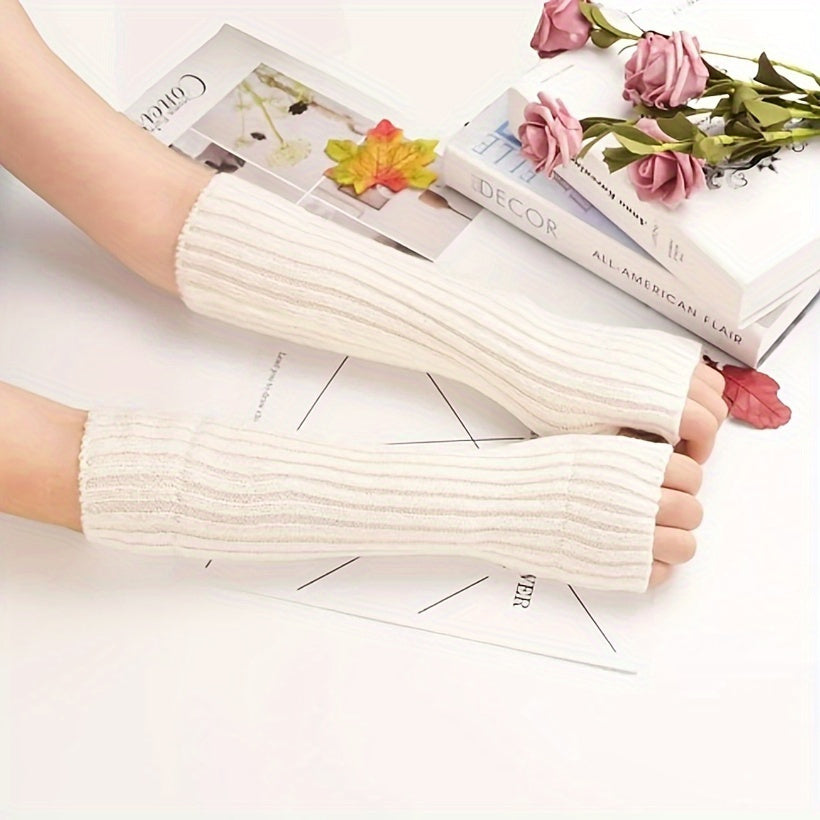 Autumn Winter Woolen Long Gloves: Solid Color, Vertical Striped, Stretch Knitted Sleeves with Thumb Hole, Half Finger Exposed, Warm Arm Sleeve Gloves - Ladies Fashion, Elastic, Relaxed Wear