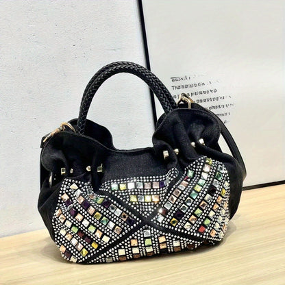 Elegant Mini Denim Crossbody Bag with Colorful Rhinestone Accents, Detachable Strap - Chic Women's Fashion Handbag