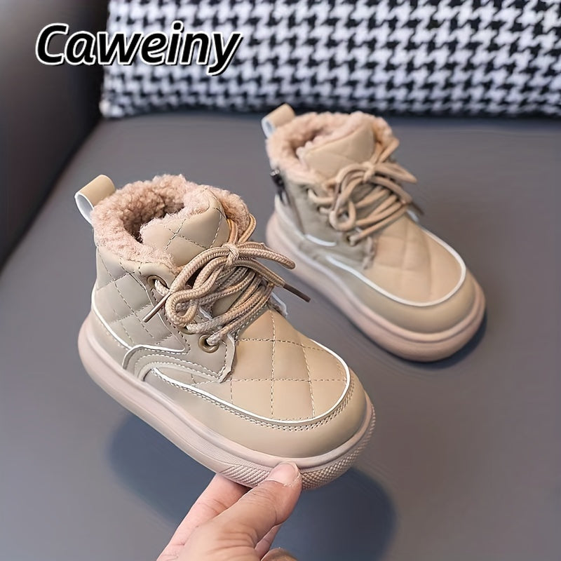 Caweiny Trendy Comfortable Lace Up Boots For Boys, Soft Warm Plus Fleece Boots For Indoor Outdoor Walking, Autumn And Winter