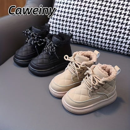 Caweiny Trendy Comfortable Lace Up Boots For Boys, Soft Warm Plus Fleece Boots For Indoor Outdoor Walking, Autumn And Winter