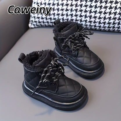 Caweiny Trendy Comfortable Lace Up Boots For Boys, Soft Warm Plus Fleece Boots For Indoor Outdoor Walking, Autumn And Winter