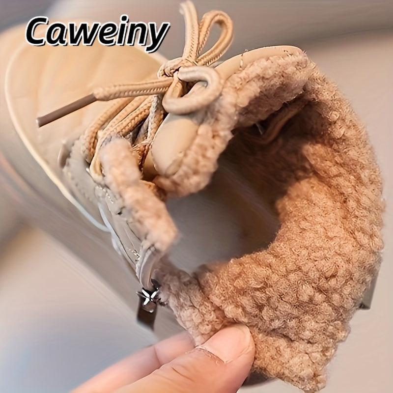 Caweiny Trendy Comfortable Lace Up Boots For Boys, Soft Warm Plus Fleece Boots For Indoor Outdoor Walking, Autumn And Winter