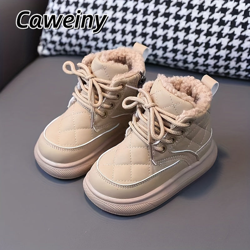 Caweiny Trendy Comfortable Lace Up Boots For Boys, Soft Warm Plus Fleece Boots For Indoor Outdoor Walking, Autumn And Winter