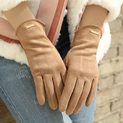 1Pair Women's Suede Gloves - Woven Full-Finger Thermal, Fleece-Lined, Windproof, Elastic, Casual Weekend Wear Warm Gloves