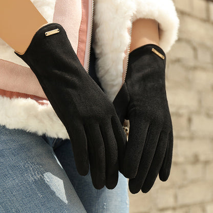 1Pair Women's Suede Gloves - Woven Full-Finger Thermal, Fleece-Lined, Windproof, Elastic, Casual Weekend Wear Warm Gloves