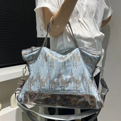 Chic Tie-Dye Denim Tote Bag with Sequin Detail - Elegant Shoulder & Crossbody Handbag for Women, Lightweight & Versatile