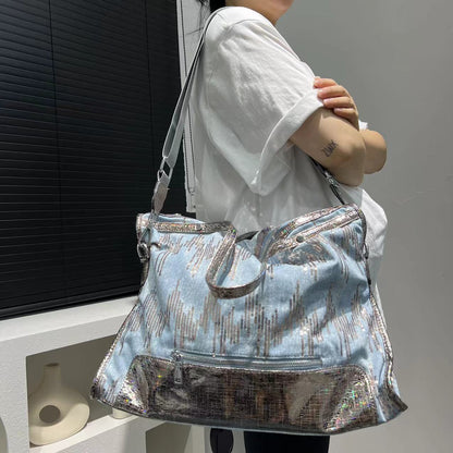 Chic Tie-Dye Denim Tote Bag with Sequin Detail - Elegant Shoulder & Crossbody Handbag for Women, Lightweight & Versatile