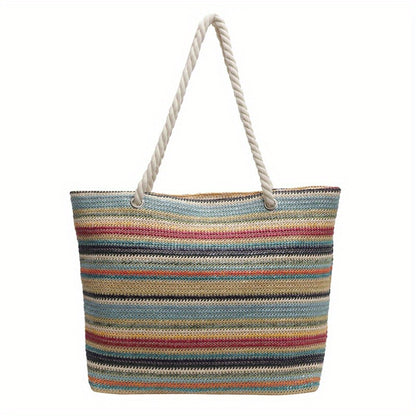 Chic Summer Striped Straw Tote Bag - Large Capacity, Fashionable Shoulder Handbag for Women