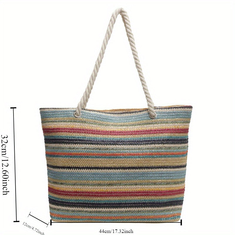 Chic Summer Striped Straw Tote Bag - Large Capacity, Fashionable Shoulder Handbag for Women