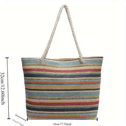 Chic Summer Striped Straw Tote Bag - Large Capacity, Fashionable Shoulder Handbag for Women