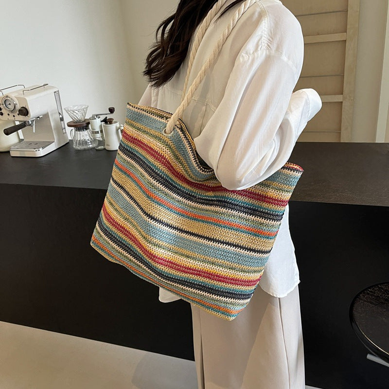 Chic Summer Striped Straw Tote Bag - Large Capacity, Fashionable Shoulder Handbag for Women