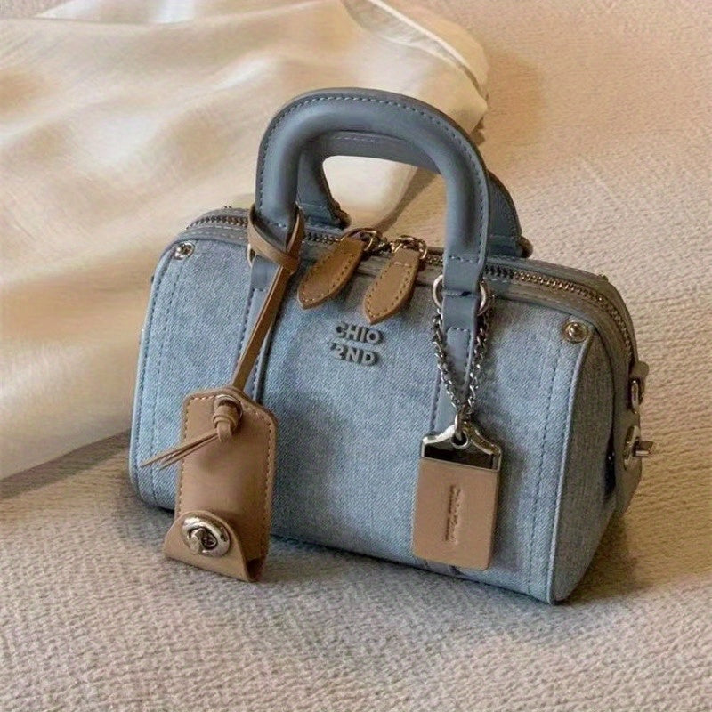 Chic Light Blue Denim Crossbody Bag for Women - Fashionable Shoulder Purse with Zip Closure, Polyester Lined