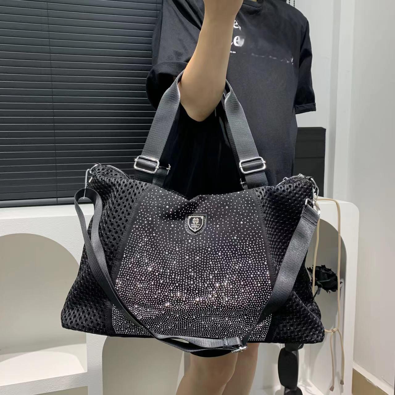 Large Capacity Women's Fashion Sports Mesh Rhinestone Tote Bag with Detachable Shoulder Strap, Zipper Closure, Nylon Material, Polyester Lining, Casual Vacation Travel Crossbody Handbag, Dry Clean Only