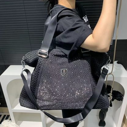 Large Capacity Women's Fashion Sports Mesh Rhinestone Tote Bag with Detachable Shoulder Strap, Zipper Closure, Nylon Material, Polyester Lining, Casual Vacation Travel Crossbody Handbag, Dry Clean Only