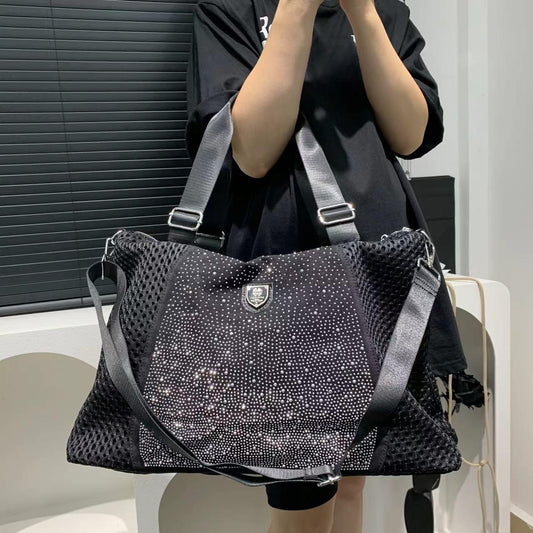 Large Capacity Women's Fashion Sports Mesh Rhinestone Tote Bag with Detachable Shoulder Strap, Zipper Closure, Nylon Material, Polyester Lining, Casual Vacation Travel Crossbody Handbag, Dry Clean Only