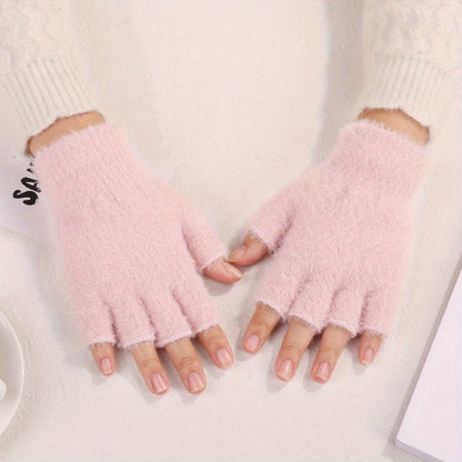 1 Pair Fingerless Knitted Polyamide Gloves, Elastic Warm Winter Fuzzy Gloves for Going Out, Casual Windproof Hand Warmers with Hand Wash or Dry Clean Care Instructions