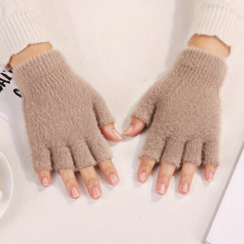 1 Pair Fingerless Knitted Polyamide Gloves, Elastic Warm Winter Fuzzy Gloves for Going Out, Casual Windproof Hand Warmers with Hand Wash or Dry Clean Care Instructions