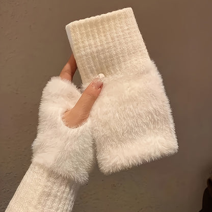 Elegant Plush Knit Fingerless Gloves - Soft, Warm & Stretchy for Autumn/Winter | Women's Fashion Accessory