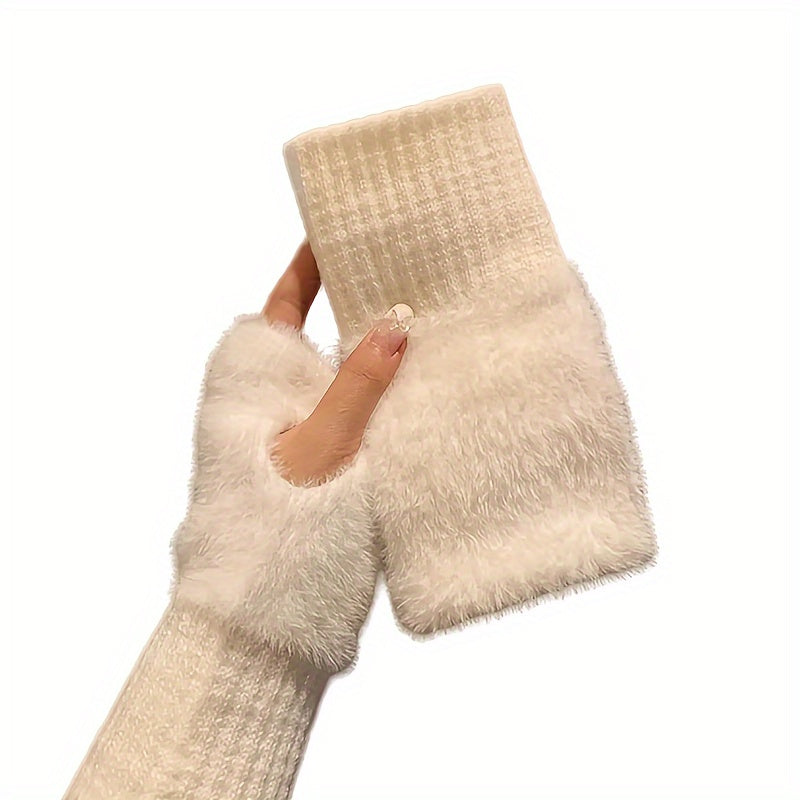 Elegant Plush Knit Fingerless Gloves - Soft, Warm & Stretchy for Autumn/Winter | Women's Fashion Accessory