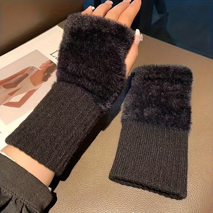 Elegant Plush Knit Fingerless Gloves - Soft, Warm & Stretchy for Autumn/Winter | Women's Fashion Accessory