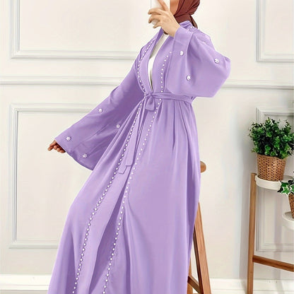 Ramadan Glamour - Solid Beaded Open Front Burqa Maxi Dress with Belted Waist - Timeless & Elegant Womens Clothing for Ramadan