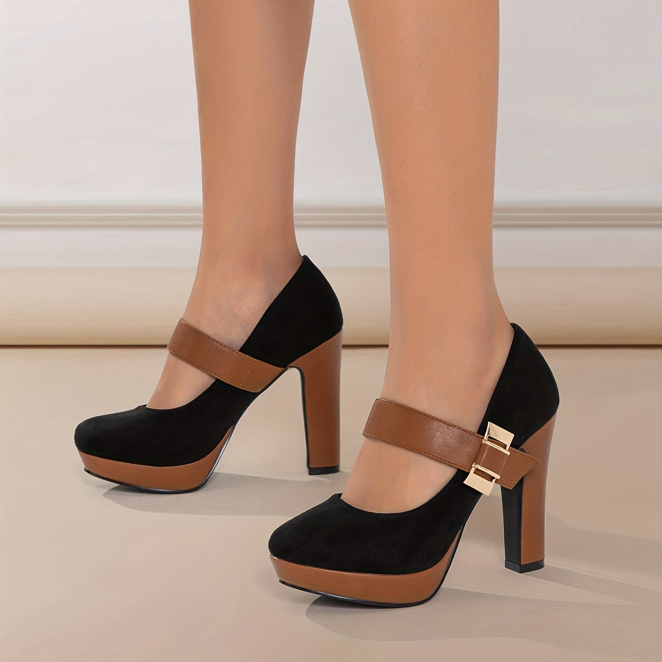 Chic Womens Pumps - Round Toe & Block Heel with Buckle, Vintage-Inspired High-Heeled Shoes for Evening Wear