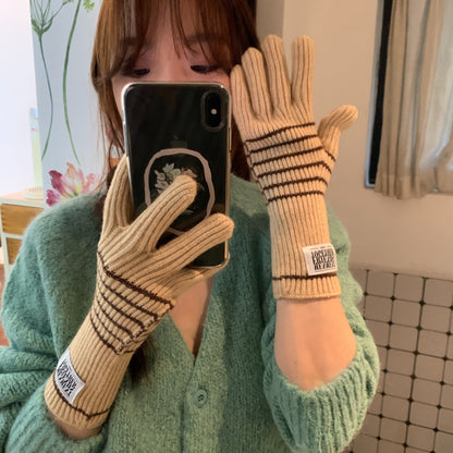 Cozy Striped Knit Gloves For Women - Touchscreen Compatible, Thick & Warm Full Finger Mittens With Elastic Fit