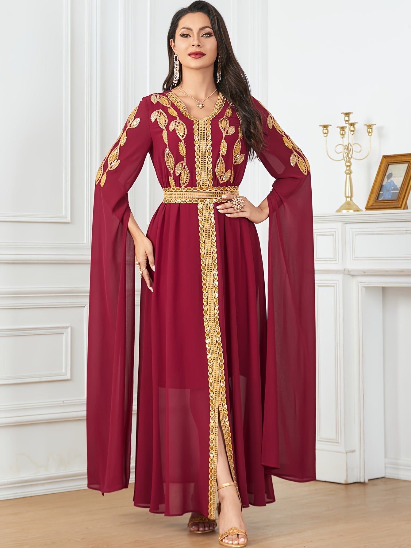 Luxurious Embroidered V-Neck Kaftan Maxi Dress - Elegant Tied Waist, Flowy Cape Sleeves, Comfortable Women's Clothing for Special Occasions - Perfect for Formal Events, Weddings, and Parties