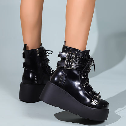 Womens Punk Style Solid Color Wedge Boots - Smooth Zipper, Rivet & Buckle Accent - Bold Round Toe Platform Heels