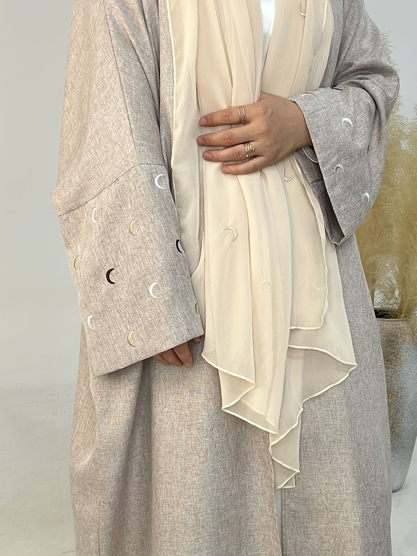 Long Sleeve Embroidered Sun & Moon Pattern Maxi Loose Fit Cover Up - Versatile Open Front Modest Outwear with Batwing Sleeves and Slit Hem - Polyester Non-Stretch Fabric, Regular Length, Middle East Style, All Seasons Wear