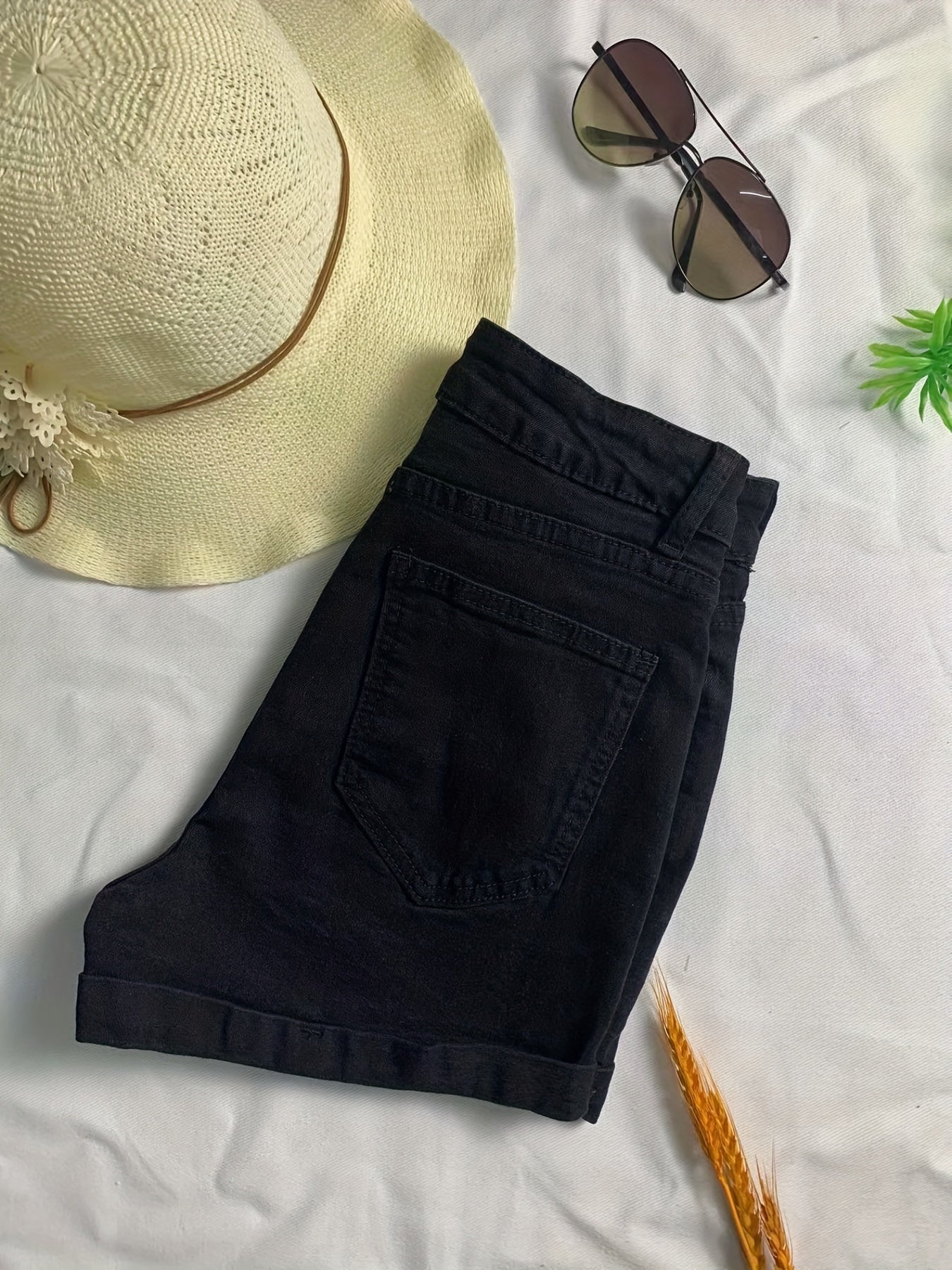 Chic Woven Denim Shorts - Stretchy High-Waist Zip & Cuffed Hem, Machine Washable Sexy Summer Essentials for Women