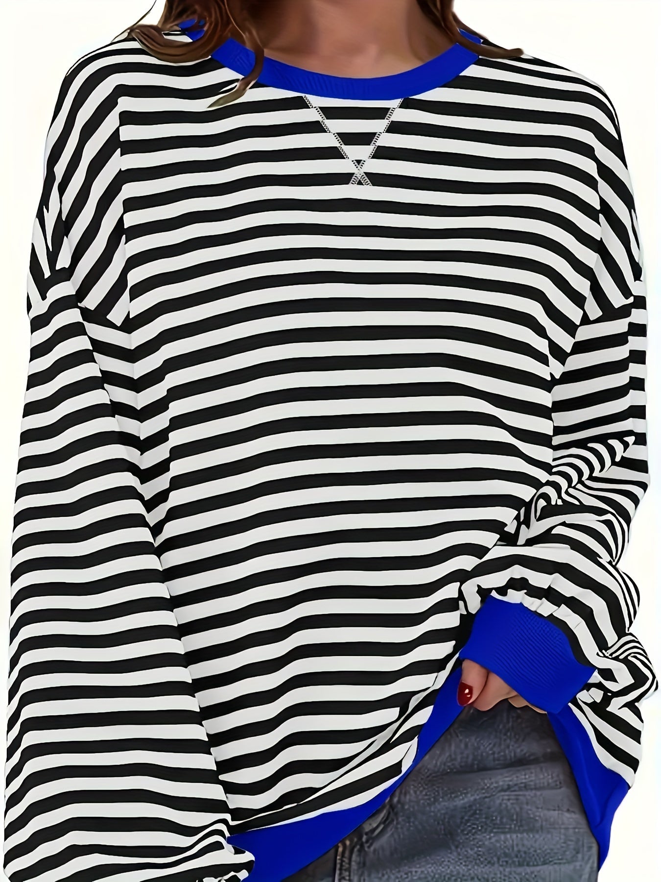 Cozy Striped Drop Shoulder Pullover Sweatshirt - Soft, Casual, Long Sleeve, Crew Neck, Fall & Winter Essential - Women's Comfortable Clothing for Chilly Days