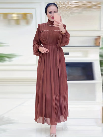 Sparkling Ramadan Elegance - Rhinestoned Pleated Mock Neck Maxi Dress with Adjustable Tie Waist and Lantern Sleeves - A Modest, Timeless Choice for Women