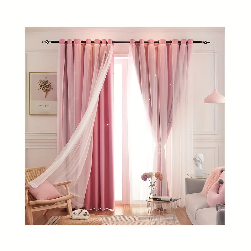 1-Panel Pink Blue Style Double-Layer Gauze Starry Sky Curtain - Panels for Living Room, Bedroom, Kitchen, Bathroom with Home Decor, Room Decor, and Insulation Function