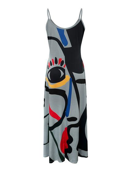 IKEARLAX Flowing Maxi Sundress - Vibrant Abstract Art Print - Breezy Spaghetti Straps - Versatile Summer Attire for Women